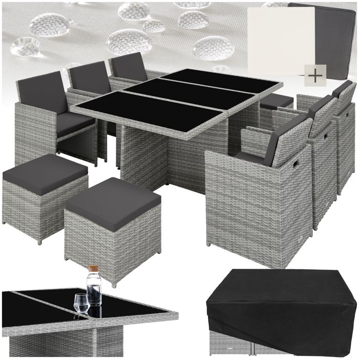 Salon de jardin NEW YORK 10 places avec 2 sets de housses + housse de protection, variante 2 - gris clair