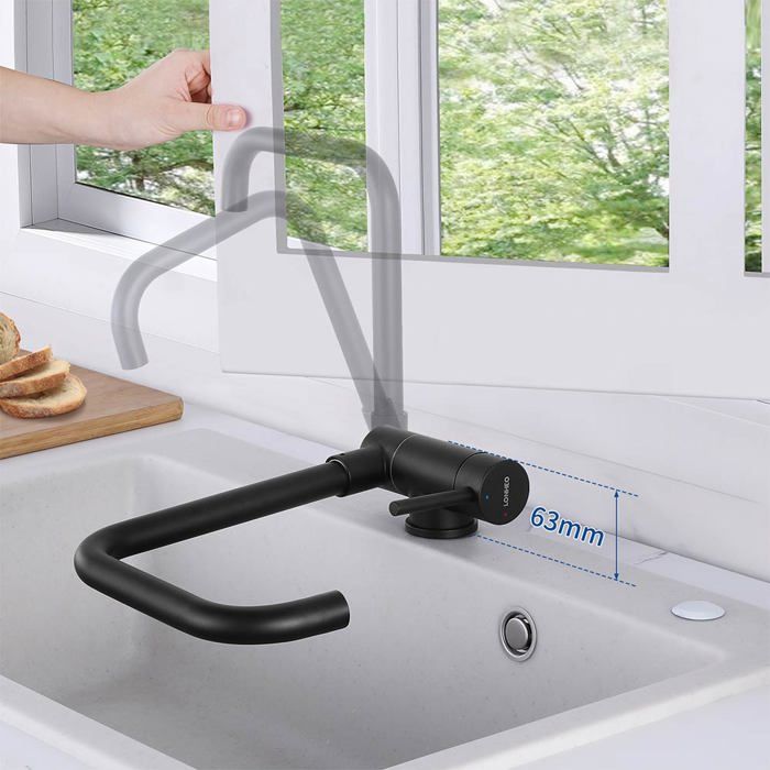 Robinet de Cuisine - Inox - Mitigeur Rabattable - Noir Mat - Barboteur Démontable - 360° Pivotant