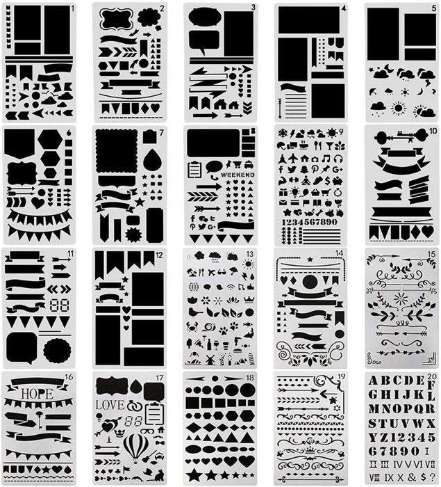 Senbeeda Bullet Journal 20 Pièces Pochoir Dessin Set, Plastique Guide de Lettres Forme