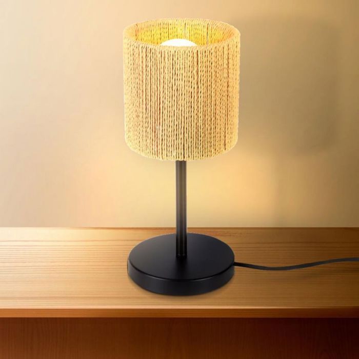WOTTES Lampe De Chevet En Bois à Trépied E27 Abat-Jour En Tissé Lampe Chevet Rétro Lampe De Table 1pcs Pour Salon Bureau