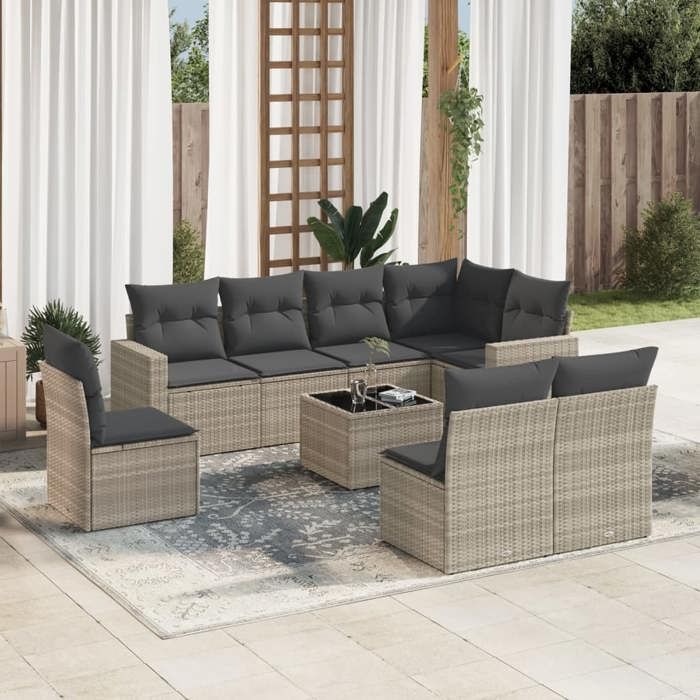 vidaXL Salon de jardin 9 pcs avec coussins gris clair résine tressée 3219072
