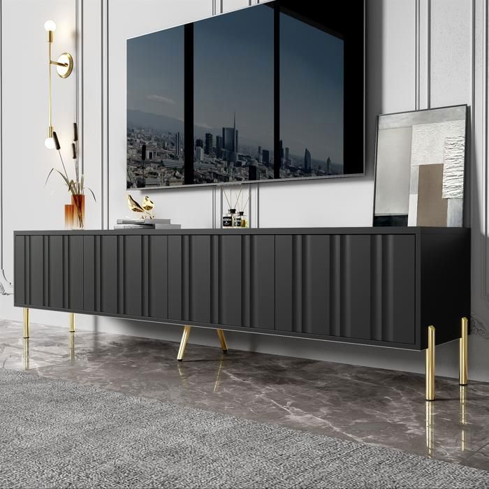 Armoire TV Noir Grand Meuble TV 4 Portes en design rainuré Style Moderne Pieds dorés élégants 190x38x48cm