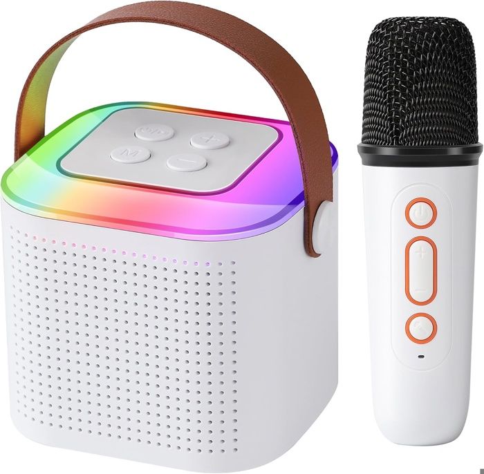 Machine De Karaoké Portable Bluetooth Avec 2 Micros Sans Fil – 7 Effets Sonores – Haut-parleur 10W – Idéal Fête Et Voyage (blanc)