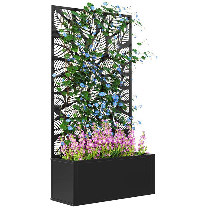 Jardinière - Outsunny - avec treillis comme panneau dintimité - rectangulaire - en métal - 61 x 23 x 113 cm - noir