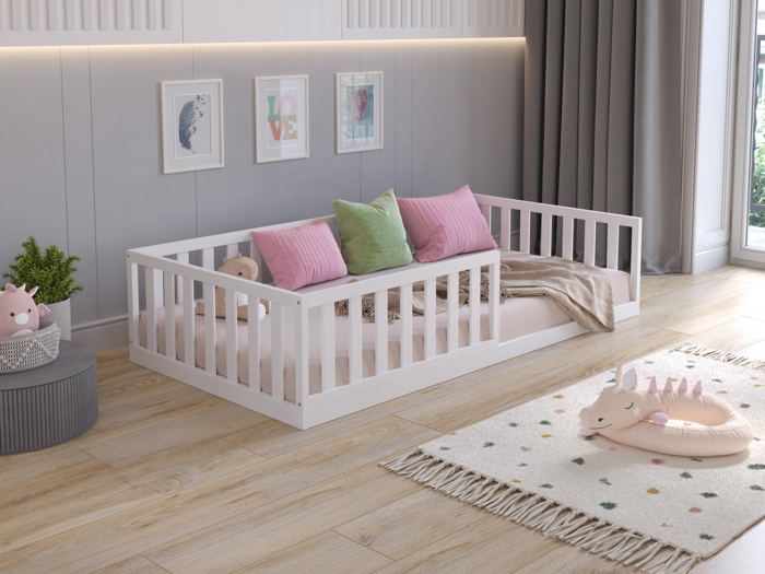 Lit Au Sol Montessori 90x200 Cm En Pin Massif Avec Barrière De Sécurité - Design Minimaliste Blanc, étoiles Et Lune