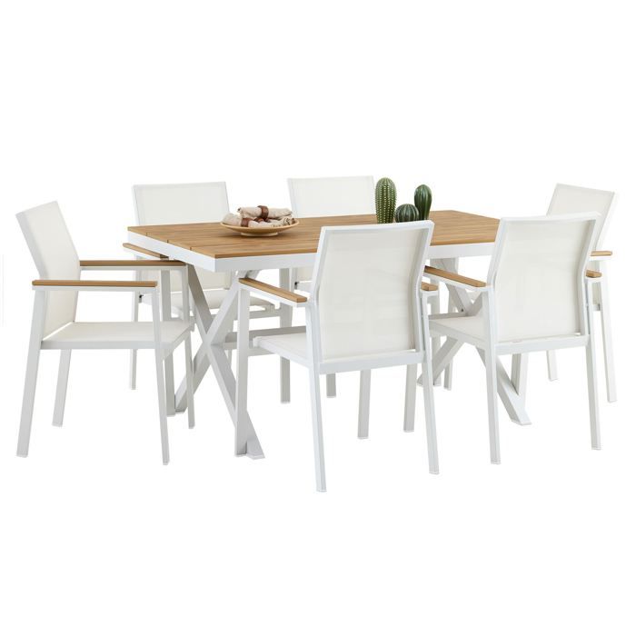 Ensemble table et chaises de jardin WINDY pour 6 personnes coloris blanc et naturel chaises empilables Ensemble table et chaises de jardin WINDY pour 6 personnes coloris blanc et naturel chaises empilables