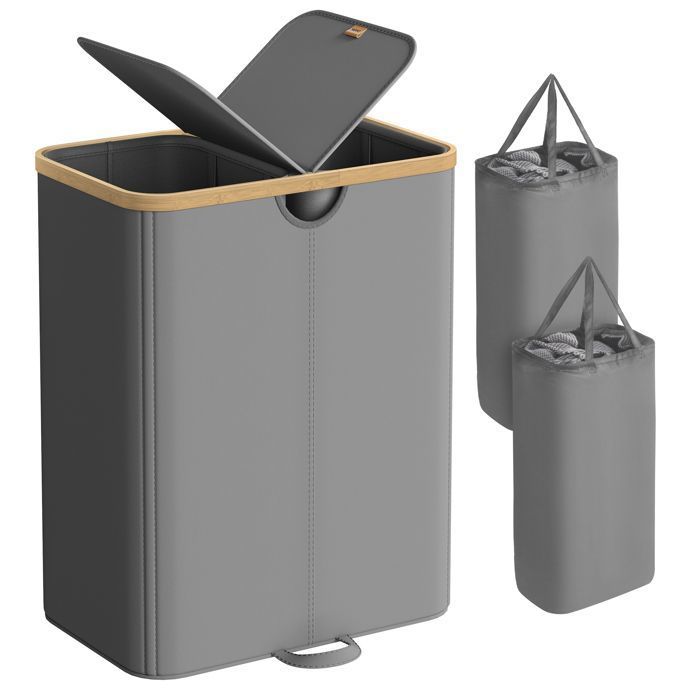 Panier à Linge à 2 Compartiments 150 Litres avec Couvercle Sacs Amovibles Gris Ardoise et Beige Naturel