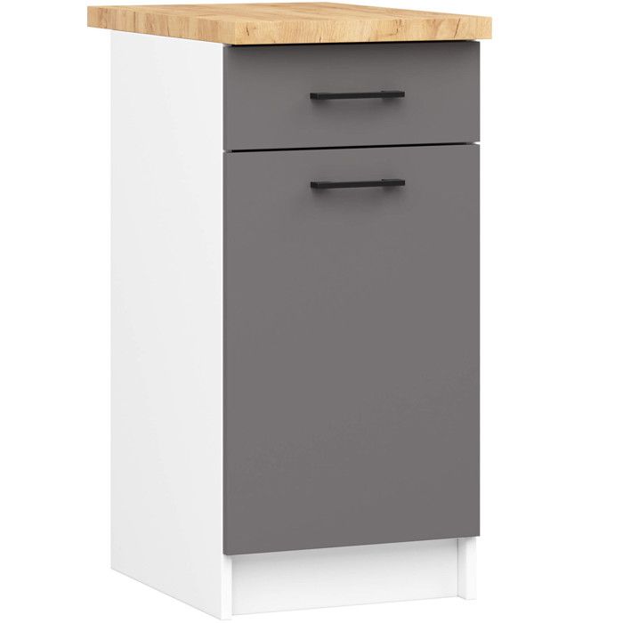 Armoires de cuisine basse AKORD S40 OLIWIA Blanc 40 cm 1 porte 1 tiroir façade Gris Graphite 2 étagères 40x46x85 cm