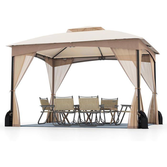 GOPLUS Tonnelle de Jardin Exterieur 3 x 36 m Lestage Poids Toit Double Ventilé Piquets de Sol et 4 Sacs de Sable (3x36MBeige