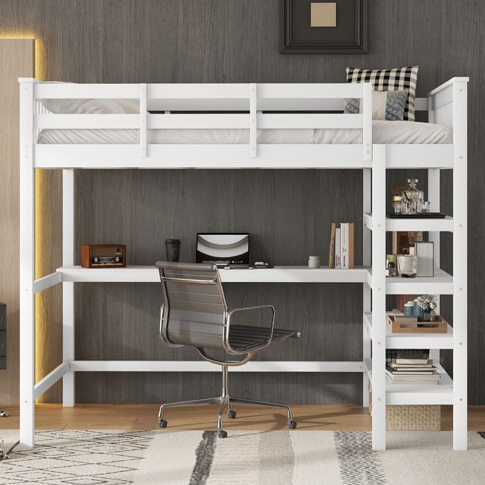 Lit mezzanine enfant 140 x 200 cm lit superposé en bois avec Bureau Intégré et Étagères de Rangement Pin Massif blanc