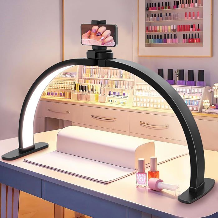 Lampe demi-lune pour ongles : grande lampe de table LED à arc avec support pour téléphone – Lampe de bureau professionnelle pour