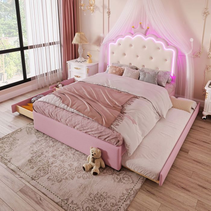 Lit gigogne - SOGEU - 140x200 cm - Similicuir rose - Éclairage LED (télécommande) - 2 tiroirs sommier inclus