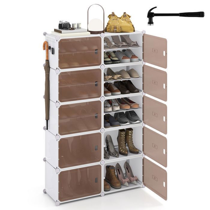 COSTWAY Boîtes à Chaussures pour 40 Paires avec 10 Compartiments Étagères Amovibles Marteau pour Couloir Chambre Entrée Blanc