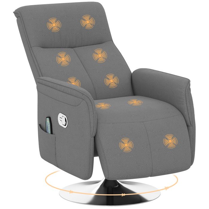 Fauteuil relax massant - HOMCOM - pivotant dossier et repose-pieds réglable télécommande - tissu aspect lin - 685x77x117cm - gris Fauteuil relax massant - HOMCOM - pivotant dossier et repose-pieds réglable télécommande - tissu aspect lin - 685x77x117cm - gris