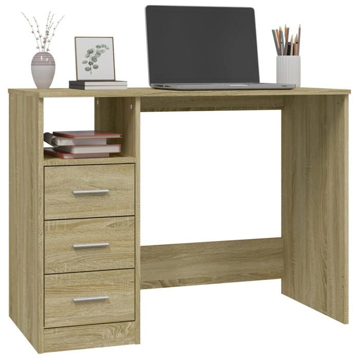 Bureau avec tiroirs - WIENS - Chêne sonoma - 102x50x76 cm - Bois dingénierie - Style Scandinave Moderne - 3 tiroirs