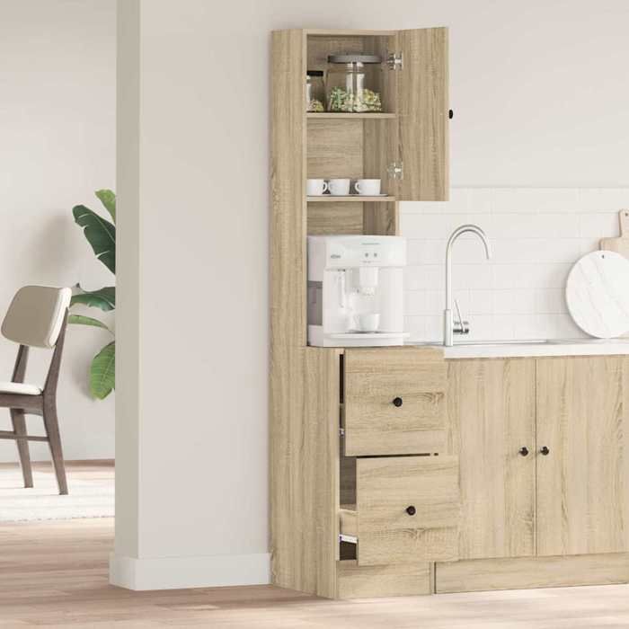 Armoire de cuisine - WIENS - Beige - 35x50x180 cm - Bois dingénierie - 2 tiroirs - 2 étagères - 1 porte affleurante