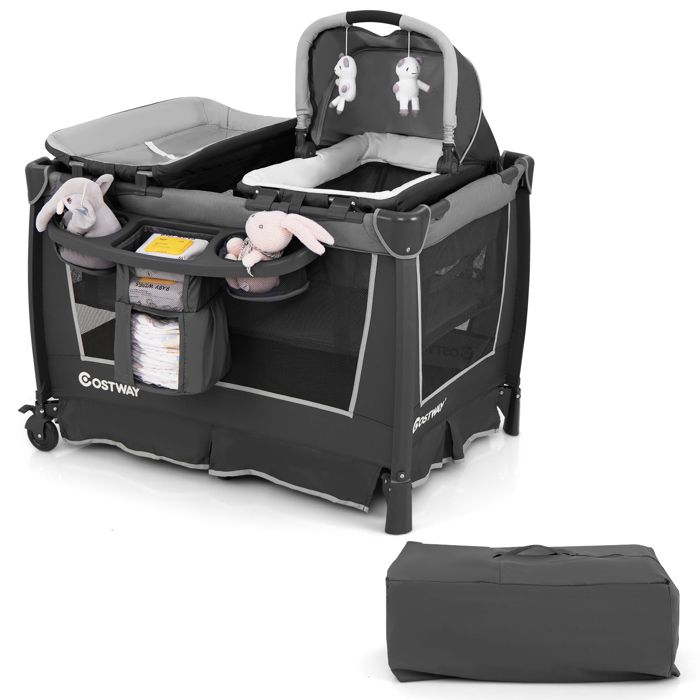 Lit Bébé Pliable 5-en-1 avec Matelas COSTWAY-Berceau Bascule/Stationnaire-Sac de Transport-2 Roues Verrouillables-0-3 Ans-15KG-Gris