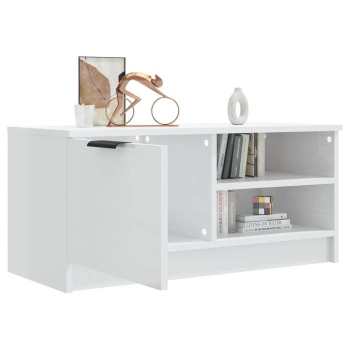Meuble TV blanc brillant - MEUBLECHIC - 80x35x36 5 cm - Bois dingénierie - Blanc brillant - Grand espace de rangement
