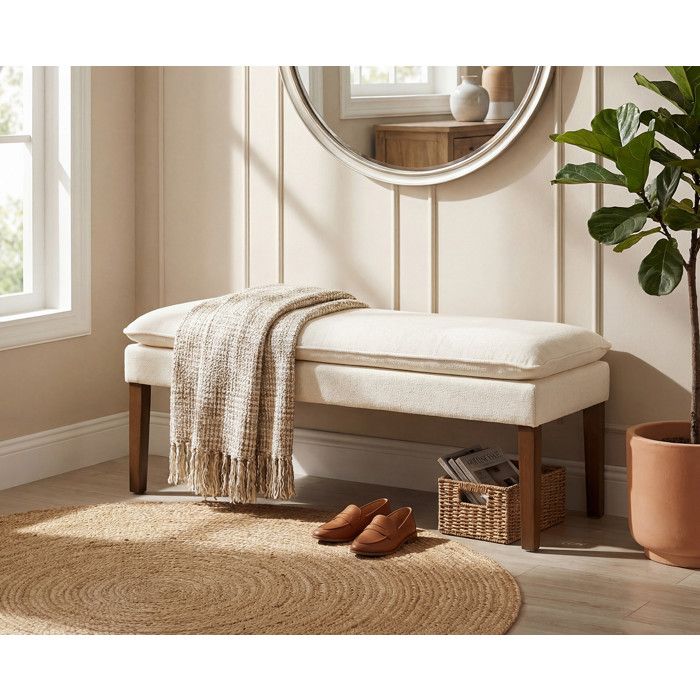 Ya-home Banquette Rembourrée avec Pied en Bois Banc dEntrée Moderne en Chenille Banquette de Lit Designe Banc de Cuisine Blanc