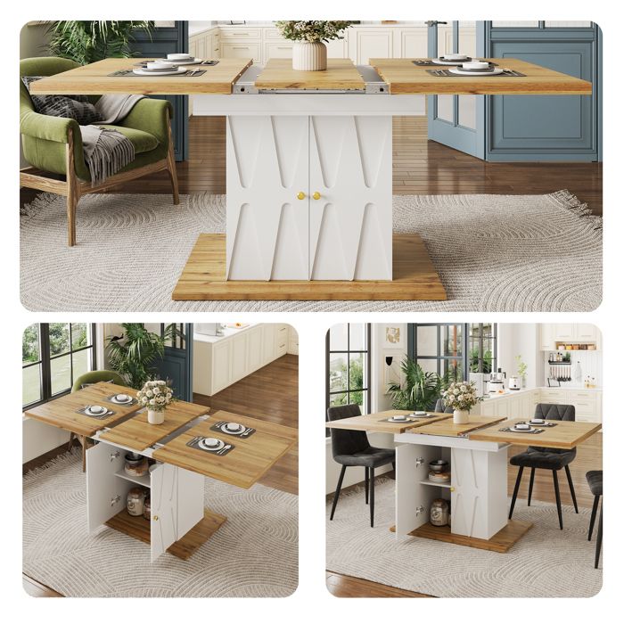 Table à Manger Extensible 110-140 x 70 cm avec Rangement Intégré Décor Relief Bois et Blanc Design Moderne Cuisine & Salon