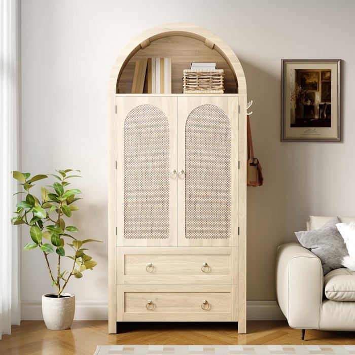 Armoire de rangement polyvalente pour salon et chambre à coucher 80 x 40 x 180 cm style arche en rotin avec 2 tiroirs
