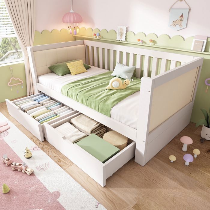 Lit banquette - MERAX - Lit banquette enfant - 90x200 cm -  avec 2 tiroirs rangement - Accoudoirs rembourrés