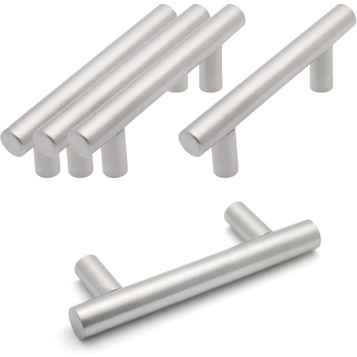 Lot de 5 poignées de tiroir de cuisine en acier inoxydable nickelé brossé entraxe de 64 mm pour meubles et armoires.