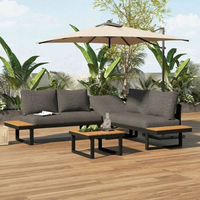 Salon de jardin 5 personnes - O.Ye - Gris + Noir - Acier galvanisé - Panneau imitation teck - Dossier inclina VAPORISATEUR DE SALON