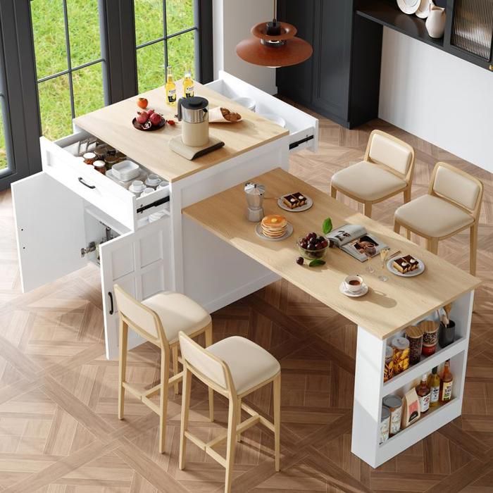 Îlot de cuisine à rallonge 133-202×70×93.5 cm avec 2 tiroirs et 4 compartiments Buffet de cuisine avec tablettes latérales Blanc