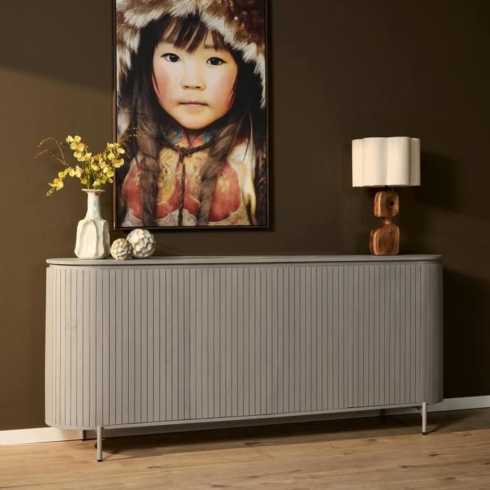 Buffet en bois gris rainuré ovale 4 portes CALERO