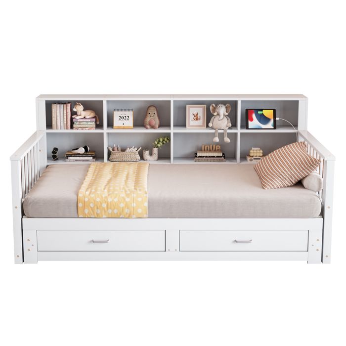 Lit banquette 90x190cm extensible 180x190 avec prise et rangements 2 tiroirs sommier à lattes Montage Facile bois blanc