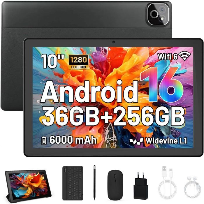 Tablette 101” IPS Android 16 Octa-core 36 Go RAM + 256 Go WiFi 6 Bluetooth 5.4 clavier + souris inclus Noir
