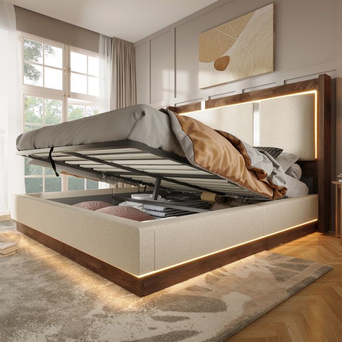 Lit coffre 140×200 cm lit double LED intégrées et relevage hydraulique sans matelas lin beige et bois noyer