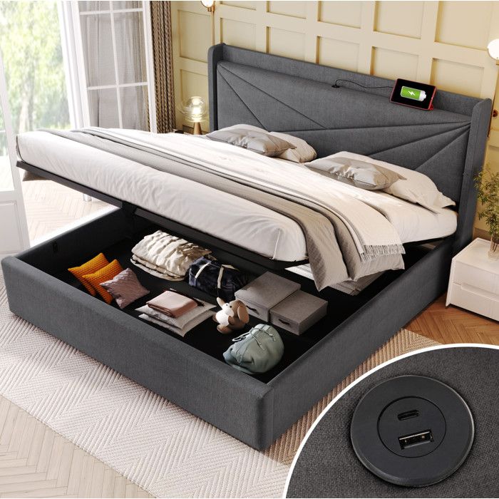 SENVIRO Lit coffre 160 x 200 tete de lit geometrique et recharge integree gris