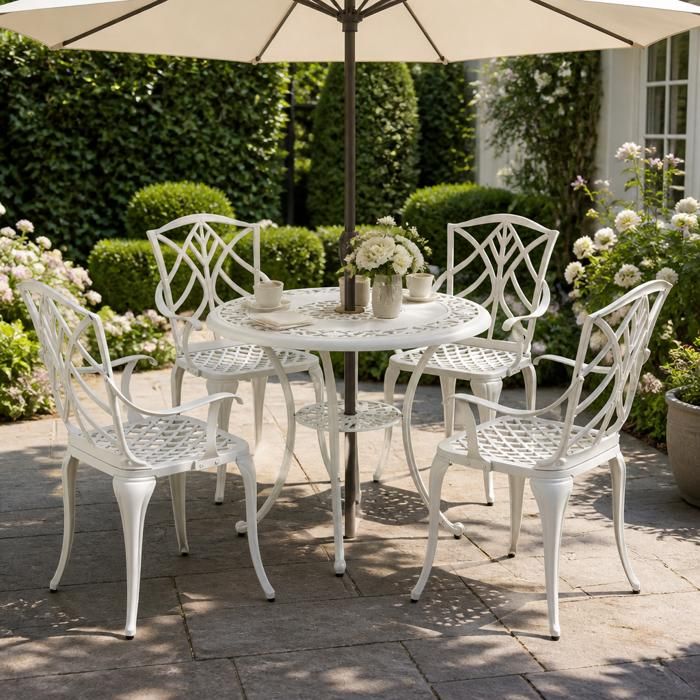 Ensemble bistro - PAGE LIVING - PAGE Living - 1 table + 4 chaises - Aluminium - Trou parasol 5 cm et étagère