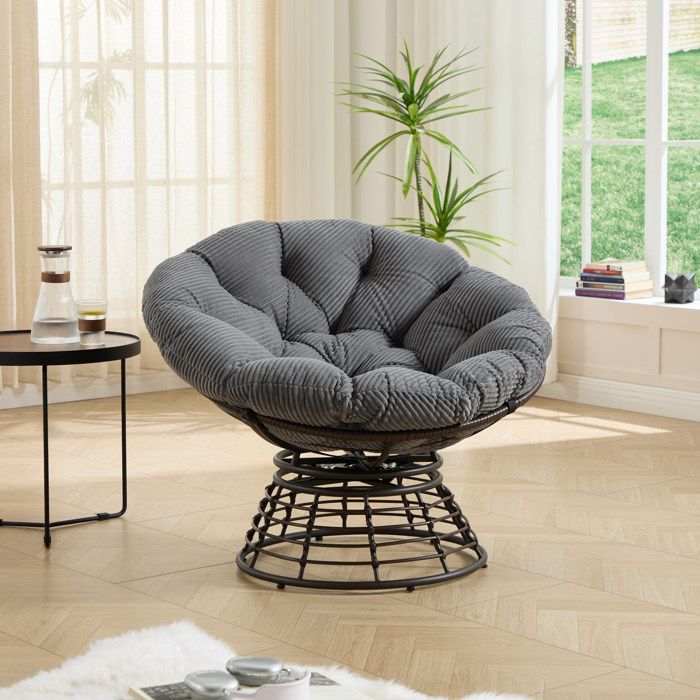Fauteuil papasan rotatif 360° – structure acier rotin PE coussin gris en tissu corduroy