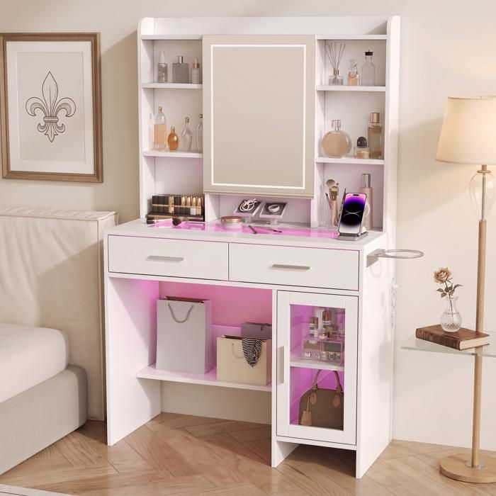Grande coiffeuse avec miroir Coiffeuse avec prise et port USB LED réglable 6 Étagères et 1 portes vitrées 2 tiroirs Blanc
