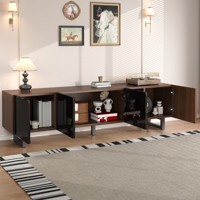 MEULVA Meuble TV 180 cm 4 portes noir brillant et décor bois rangement avec pieds métal