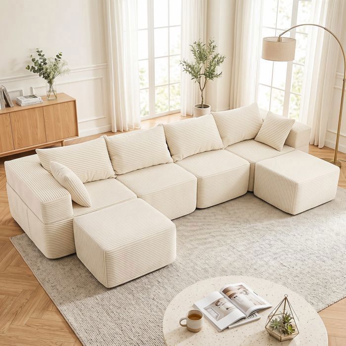 Canapé Modulable 6 Pièces COSTWAY Forme U en Velours Côtelé Beige Mousse Haute Densité avec Poches Latérales Housse Lavable