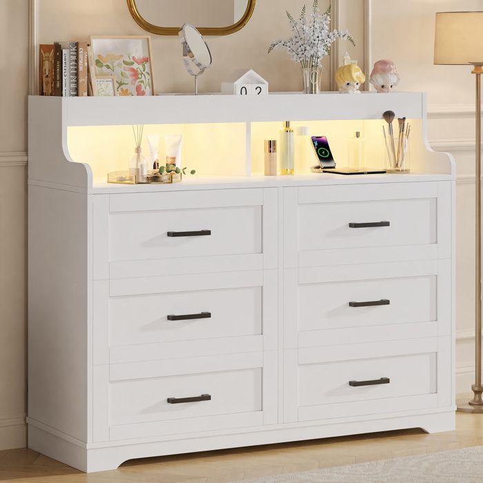 Buffet Moderne avec éclairage LED Buffet de slaon 6 tiroirs et 3 étagères Commode de chambre 110x40x99 cm Buffet bas Blanc