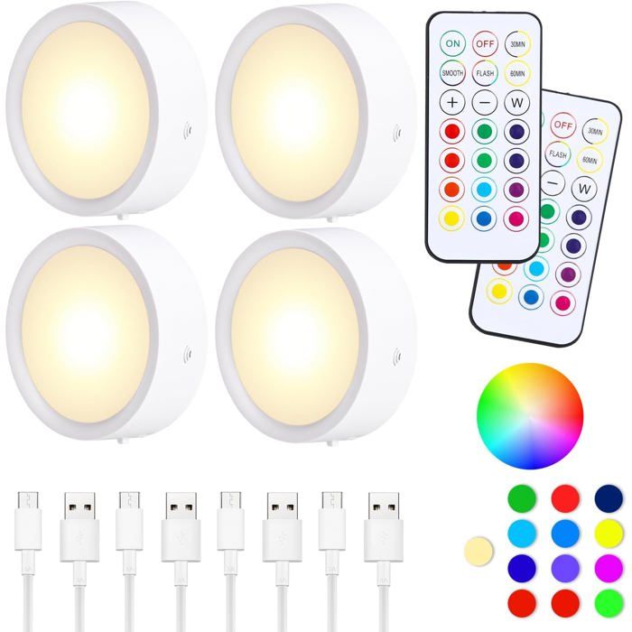 Spot LED Rechargeable USB 4 PCS Veilleuse Cuisine S Fil Escalier Plac Couleur Lampe13 Couleurs Dimmable avec LAMPE A POSER