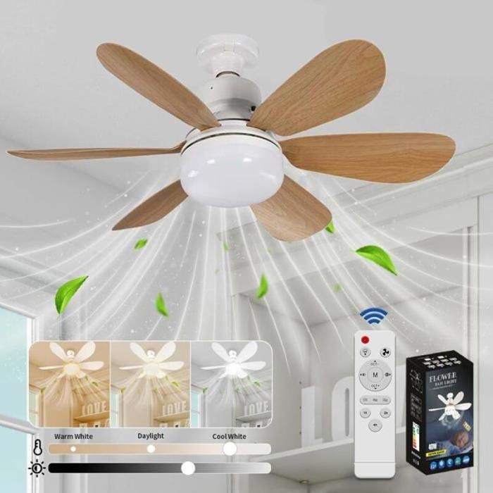 Ventilateur plafond silencieux 40W lampe E27 6 pales 3 vitesses salon chambre grain bois