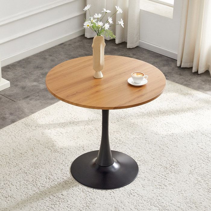 WOVREO Table à manger ronde design tulipe 80 cm en MDF et métal aspect bois pied central noir