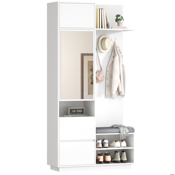 Meuble d’entrée 5-en-1 blanc 90 x 34 5 x 190 cm en MDF avec miroir banc à chaussures patères et rangements