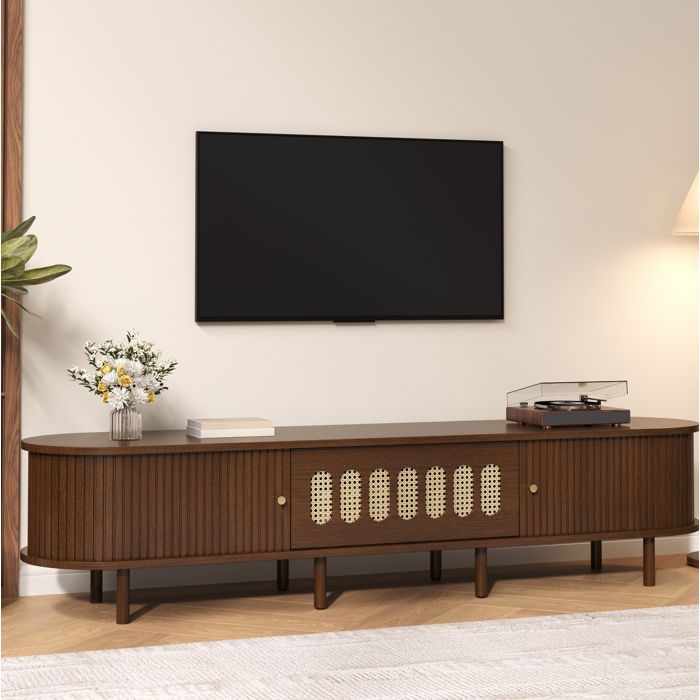 Meuble TV Ovale Noyer Fonce MDF Banc TV Vintage FloraGrace Pour Salon 5 Compartiments Fermes 180x40x40cm