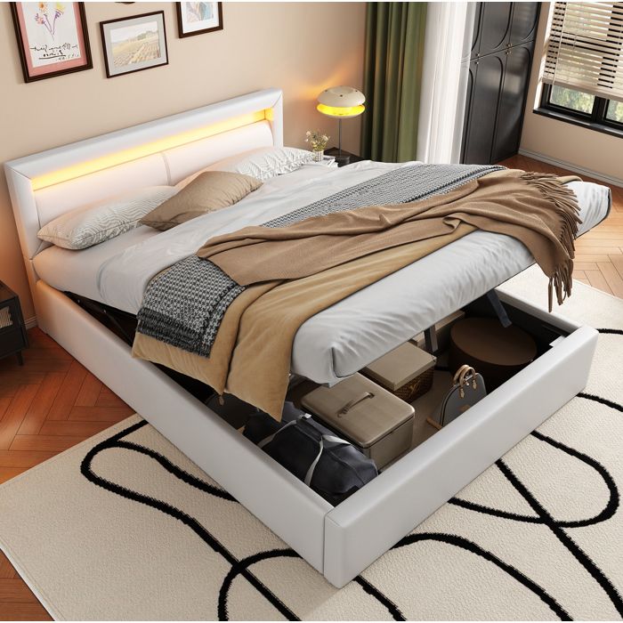 Lit coffre Double 140×200 cm LED rangement et sommier a lattes - LPOSPI - sans matelas PU blanc