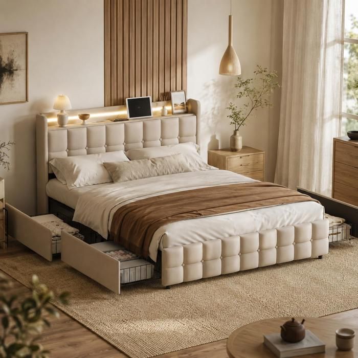 Lit Double 140x190 avec 4 Tiroirs Anajqaqia Lit coffre Lit Capitonné et LED USB Lit 140x190 avec tête de lit et sommier Lin Beige