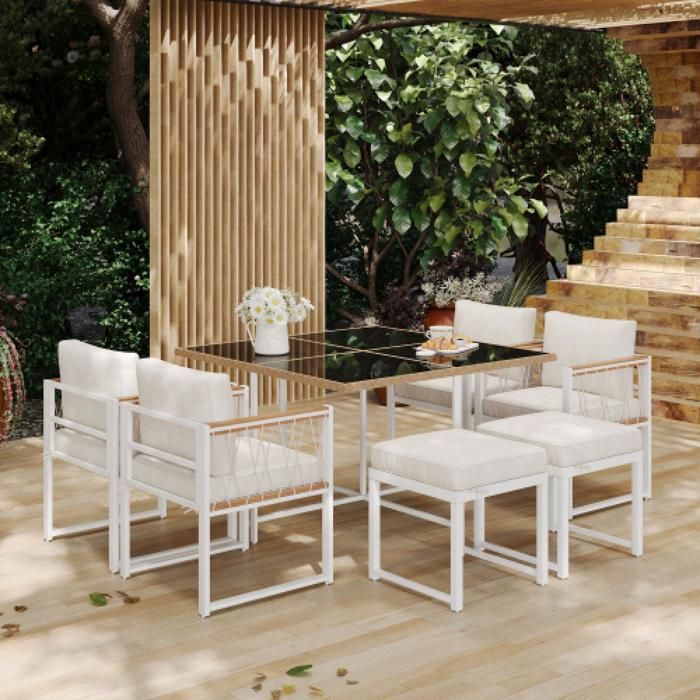 Salon de jardin 7 pièces cadre métal table verre trempé 117×117cm 4 fauteuils 2 poufs rotin tissu imperméable terrasse extérieur