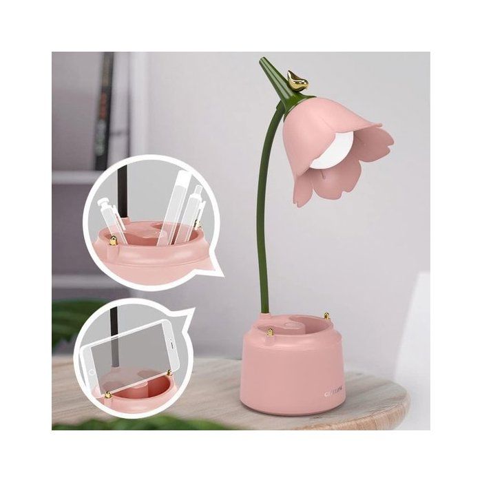 Lampe de Bureau Fleur Rose - Lampe Enfant LED Rechargeable - Col de Cygne Flexible et Gradation en continu - 3 Modes Couleurs