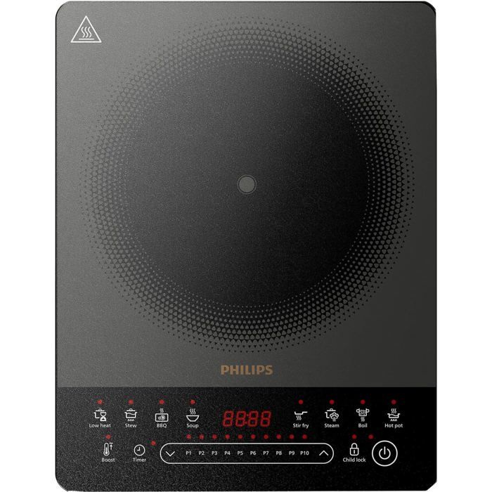 Plaque de cuisson à induction noire - PHILIPS - Commande tactile - 2000 W - Zone de cuisson 22 cm - 4 1 x 29 6 x 38 cm
